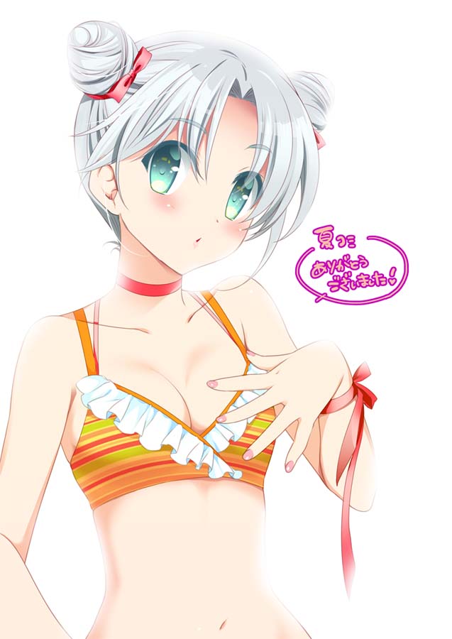 :o archbishop bad_id bad_pixiv_id bare_shoulders bikini bikini_top blush bow breasts choker cleavage collarbone colored_stripes double_bun green_eyes hair_bow looking_at_viewer maru_(sasayama_chikage) nail_polish parted_lips pink_nails ragnarok_online red_bow ribbon short_hair silver_hair simple_background small_breasts solo striped striped_bikini swimsuit text_focus translation_request white_background wrist_ribbon