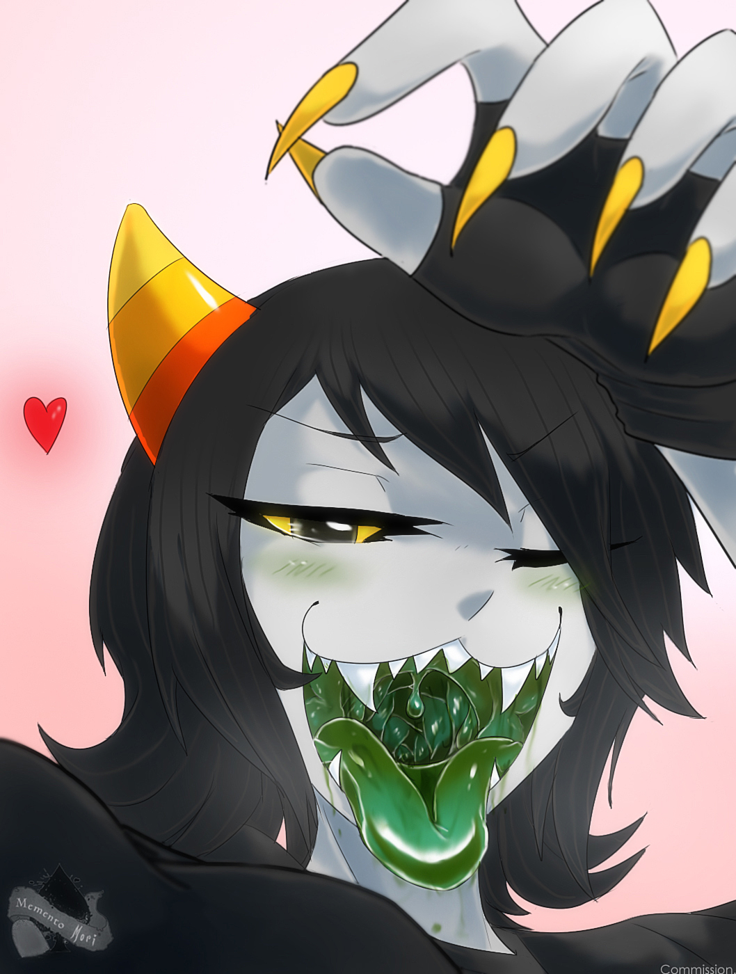 black_hair blush claws clothing fangs female first_person_view gloves green_maw hair homestuck horn invalid_tag looking_at_viewer memento~mori mouth_shot ms_paint_adventures nepeta nepeta_leijon one_eye_closed open_mouth sharp_teeth simple_background teeth tongue troll_(homestuck) uvula vore wink