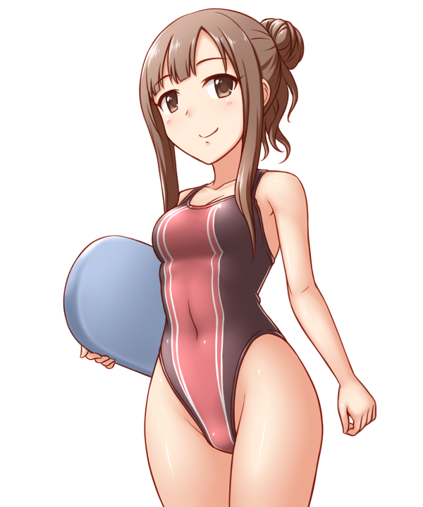 brown_eyes brown_hair competition_swimsuit hair_bun idolmaster idolmaster_cinderella_girls kickboard long_hair mizumoto_yukari one-piece_swimsuit pataniito solo standing swimsuit