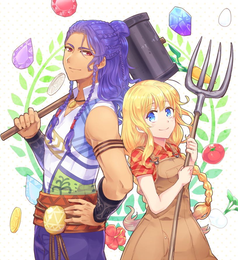 1girl arm_guards armlet bangs blonde_hair blue_eyes blush braid breasts carrot carrying_over_shoulder closed_mouth coin collared_shirt cowboy_shot dress_shirt egg eyebrows eyebrows_visible_through_hair flower gem gradient half_updo hammer hand_on_hip harvest_moon height_difference hibiscus holding jewelry long_hair looking_at_viewer ludus multiple_braids nanami_(story_of_seasons:_trio_of_towns) necklace overalls patterned_background pendant pitchfork plaid plaid_shirt pocket polka_dot polka_dot_background purple_hair red_eyes red_flower sash shirt short_sleeves side_braid sleeveless sleeves_pushed_up small_breasts smile story_of_seasons:_trio_of_towns sumimoto_ryuu tan tomato turnip twin_braids twintails v-neck wavy_hair white_background