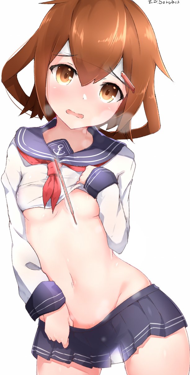 anchor_symbol artist_name bangs black_skirt blush boruhis breasts brown_eyes brown_hair covered_nipples cowboy_shot eyebrows eyebrows_visible_through_hair fever groin hair_between_eyes hair_ornament hairclip head_tilt heavy_breathing highres ikazuchi_(kantai_collection) kantai_collection lifted_by_self long_sleeves looking_at_viewer miniskirt navel neckerchief no_panties open_mouth pleated_skirt pulled_by_self red_neckwear school_uniform serafuku shirt_lift short_hair simple_background skirt skirt_pull small_breasts solo standing stomach thermometer white_background