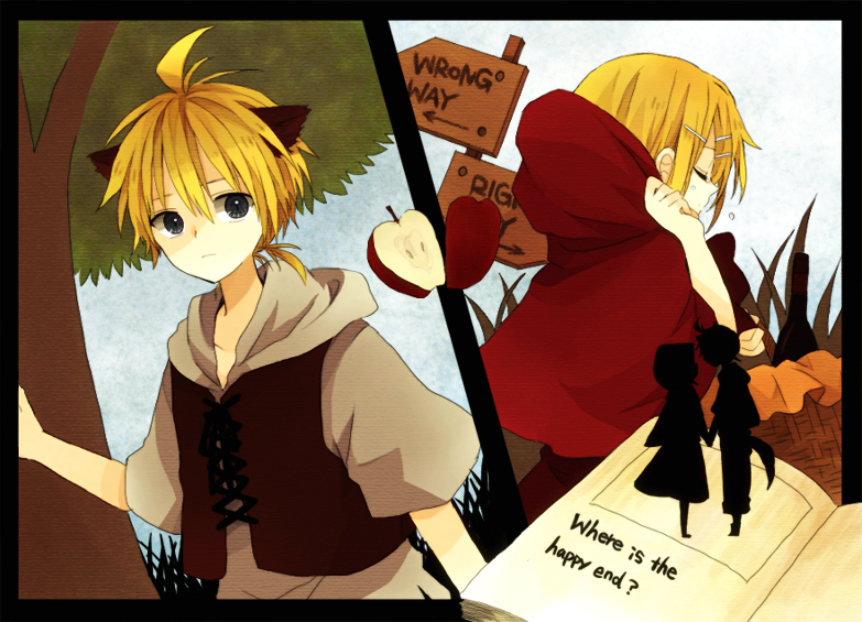 1boy 1girl adjusting_hood animal_ears antenna_hair anzu_(o6v6o) apple basket black_border blonde_hair book border brother_and_sister capelet commentary_request crying english_text food frown fruit grey_hoodie hand_holding hetero hood hooded_capelet incest kagamine_len kagamine_rin multiple_views ookami_wa_akazukin_ni_koi_wo_shita(vocaloid) open_book red_capelet road_sign short_ponytail short_sleeves siblings sign silhouette sweatdrop tree twincest twins vest vocaloid wolf_ears