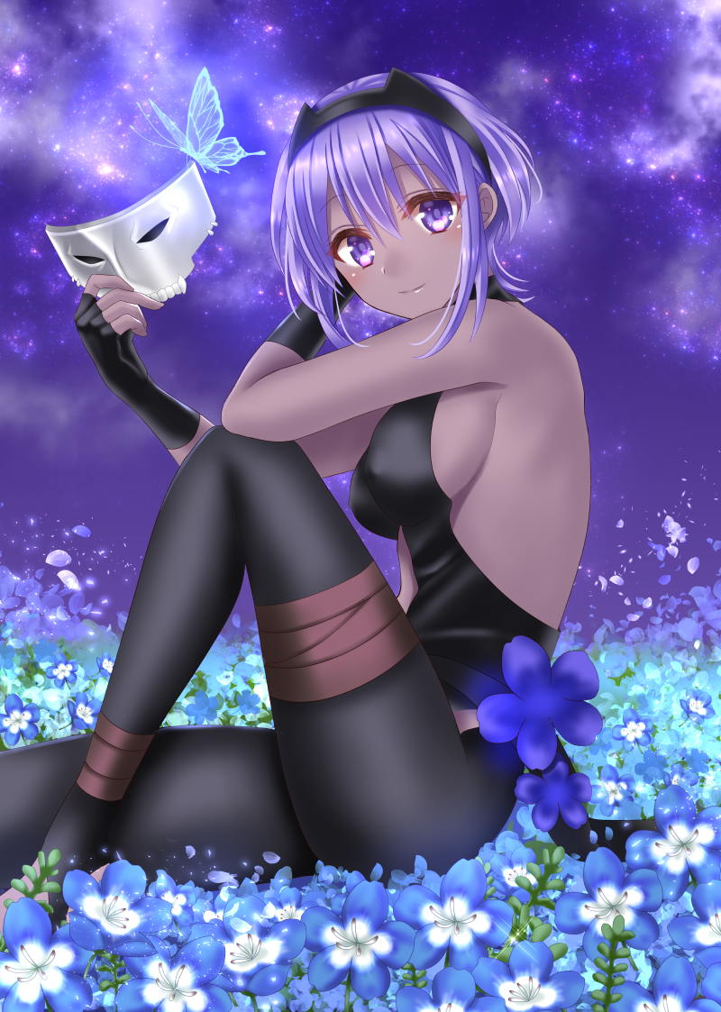 backless_outfit black_gloves blush breasts bug butterfly covered_nipples dark_skin fate/grand_order fate/prototype fate/prototype:_fragments_of_blue_and_silver fate_(series) field fingerless_gloves flower flower_field from_side gloves hassan_of_serenity_(fate) holding holding_mask insect knee_up looking_at_viewer looking_to_the_side mask mask_removed medium_breasts nemophila_(flower) pantyhose purple_eyes purple_hair short_hair sideboob sitting skull_mask sky smile solo star_(sky) starry_sky yuzushiro