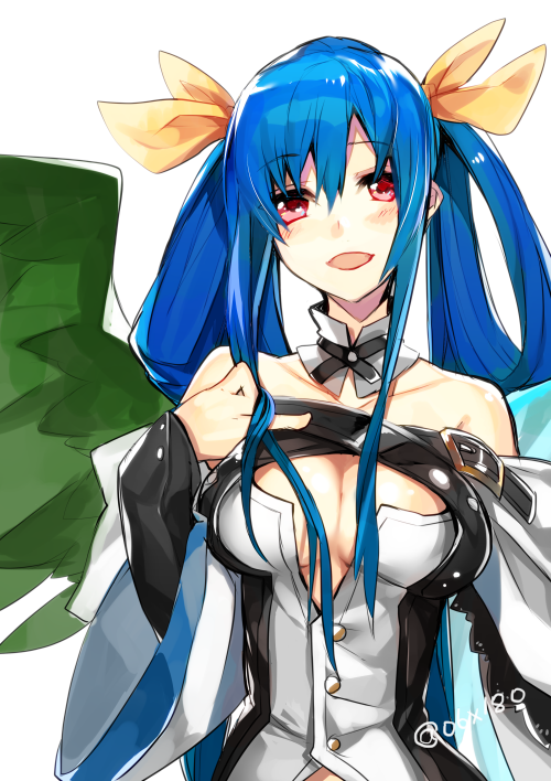 :d blue_hair bow breasts cleavage detached_collar dizzy guilty_gear hair_bow hair_rings hyakuhachi_(over3) long_hair looking_at_viewer medium_breasts open_mouth red_eyes smile solo twitter_username upper_body white_background wings yellow_bow