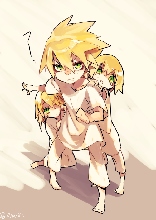 2boys angry barefoot blazblue blonde_hair child clenched_teeth color_connection green_eyes hair_color_connection hiding hyakuhachi_(over3) jin_kisaragi kneeling looking_at_viewer multiple_boys pants ragna_the_bloodedge saya_(blazblue) shirt siblings spiked_hair tears teeth twitter_username white_pants white_shirt younger