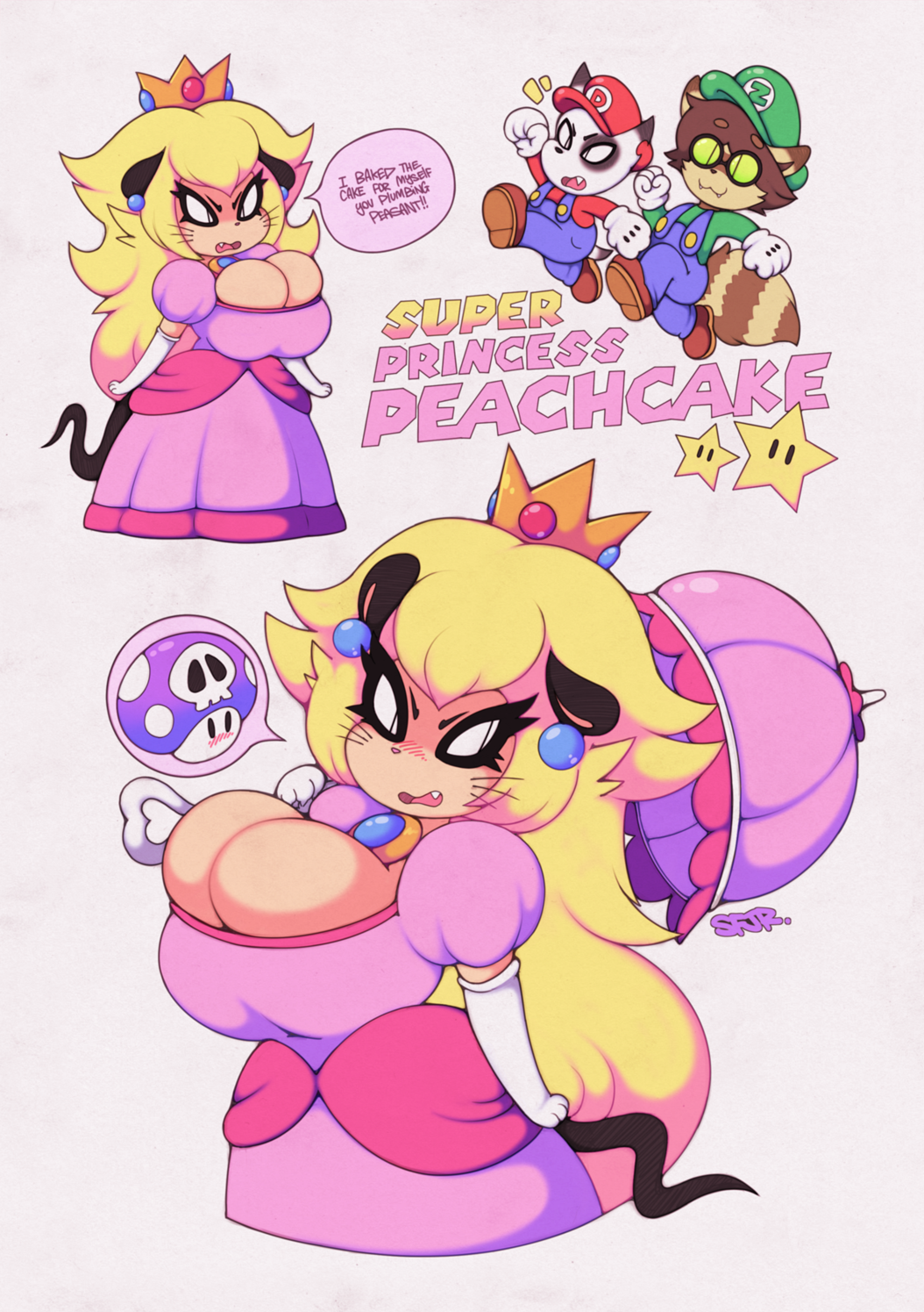 big_breasts breasts canine cleavage clothed clothing cosplay crown cute dennis_the_dog dog dress eyewear female glasses huge_breasts luigi mammal mario mario_bros mouse mushroom nintendo princess princess_peach rodent royalty skirt slit_pupils smutbunny text tiffy_cheesecake umbrella video_games zachary_plebton