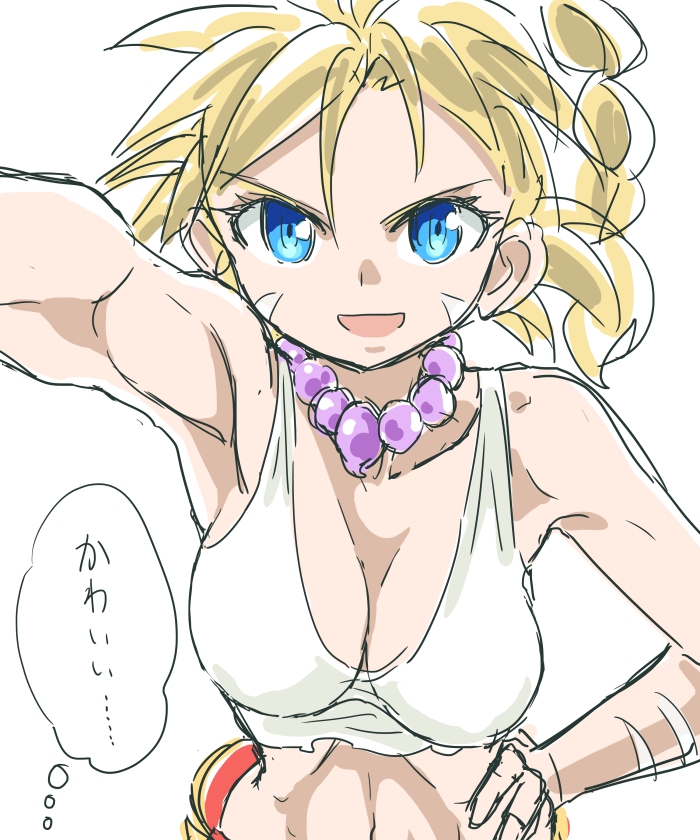 1girl blonde_hair blue_eyes breasts chrono_cross cleavage commentary_request groin high_ponytail jewelry kid_(chrono_cross) long_hair looking_at_viewer midriff navel necklace ponytail s-a-murai smile solo tank_top