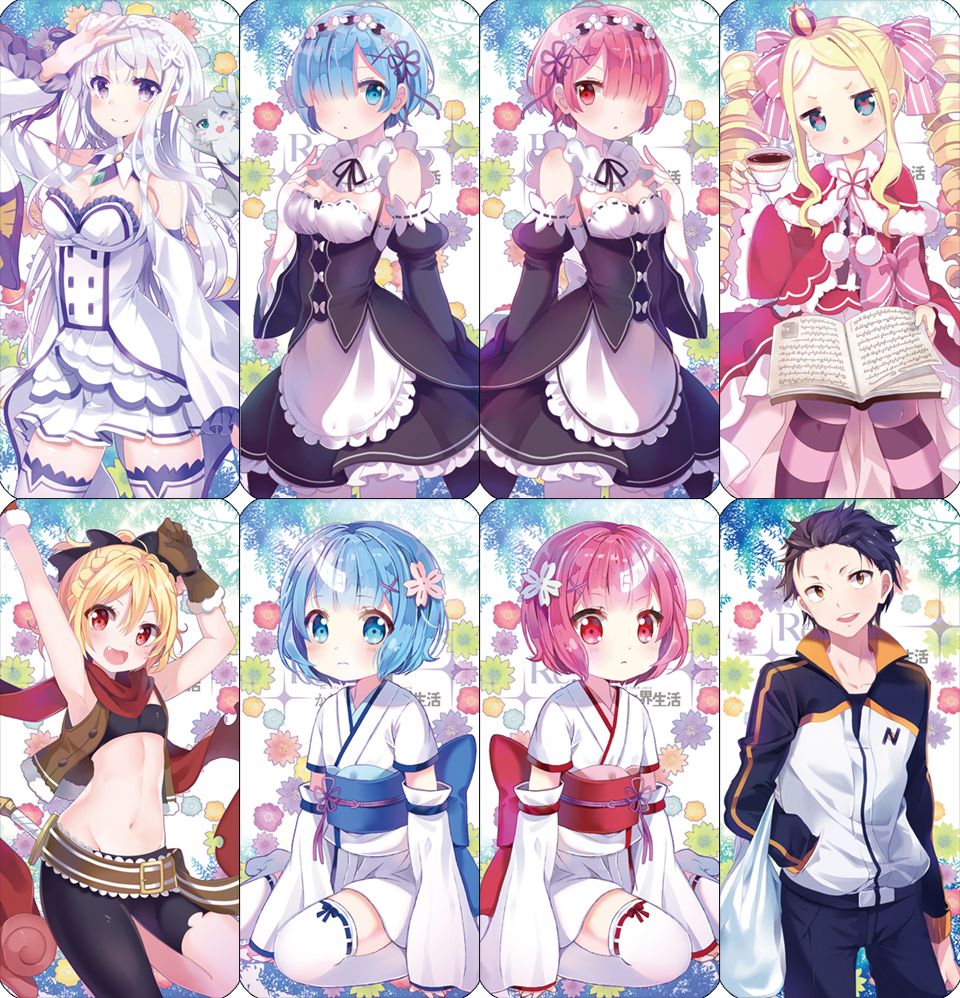4girls :d apron arm_up arms_up bag bare_shoulders beatrice_(re:zero) belt black_eyes black_hair blonde_hair blue_eyes blue_hair book breasts capelet chart chocho_(homelessfox) cleavage coffee commentary_request copyright_name crown cup detached_collar detached_sleeves dress drill_hair emilia_(re:zero) fang felt_(re:zero) flat_chest floral_background flower frilled_dress frilled_sleeves frills gem gloves hair_flower hair_ornament hair_over_one_eye hand_in_hair hand_in_pocket holding jacket japanese_clothes long_hair maid maid_headdress medium_breasts midriff mini_crown multiple_girls natsuki_subaru navel neck_ribbon obi oni_horns open_book open_mouth pants pink_eyes pink_hair plastic_bag pom_pom_(clothes) purple_eyes ram_(re:zero) re:zero_kara_hajimeru_isekai_seikatsu rem_(re:zero) ribbon ribbon-trimmed_clothes ribbon-trimmed_legwear ribbon_trim sash short_hair siblings sidelocks silver_hair sisters sitting smile striped striped_legwear thighhighs track_jacket track_suit twin_drills twins twintails wariza weapon white_legwear x_hair_ornament younger