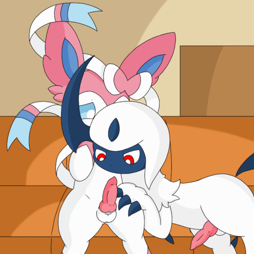 absol animal_genitalia animal_penis animated blush canine_penis cum cum_in_mouth cum_inside duo eeveelution erection espeon fellatio feral feral_on_feral km-15 knot male male/male nintendo oral penis pok&eacute;mon sex sylveon video_games