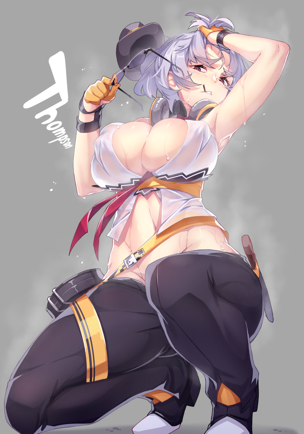 1girl breasts character_name cleavage denim dev girls_frontline gloves half_gloves hat hat_removed headphones headphones_around_neck headwear_removed highres jeans large_breasts lavender_hair looking_at_viewer magazine_(weapon) navel necktie pants red_eyes shirt short_hair solo sunglasses sweat thompson_submachine_gun_(girls_frontline) yellow_gloves