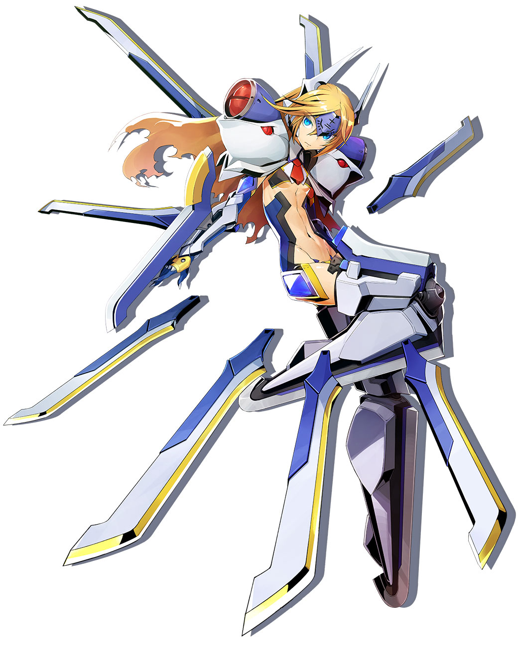 blazblue blazblue:_central_fiction blonde_hair blue_eyes boots closed_mouth elbow_gloves expressionless floating_swords forehead_protector gloves highres katou_yuuki long_hair looking_at_viewer mecha_musume mu-12 navel official_art revealing_clothes shadow solo standing thigh_boots thighhighs white_background