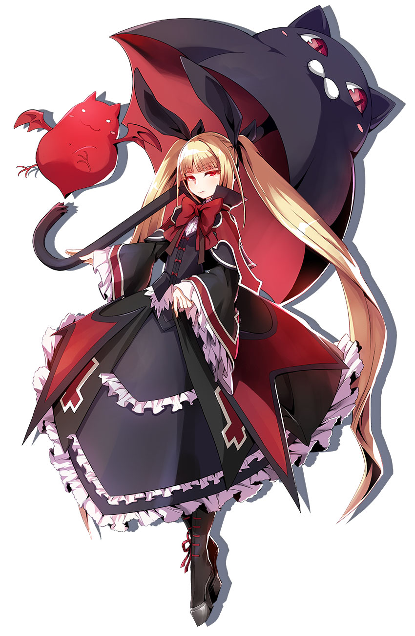 animal_themed_umbrella bat black_bow black_dress black_footwear black_umbrella blazblue blazblue:_central_fiction blonde_hair boots bow cat dress expressionless frills full_body gii hair_bow highres katou_yuuki long_hair looking_at_viewer nago official_art rachel_alucard red_bow red_eyes shadow standing twintails umbrella white_background