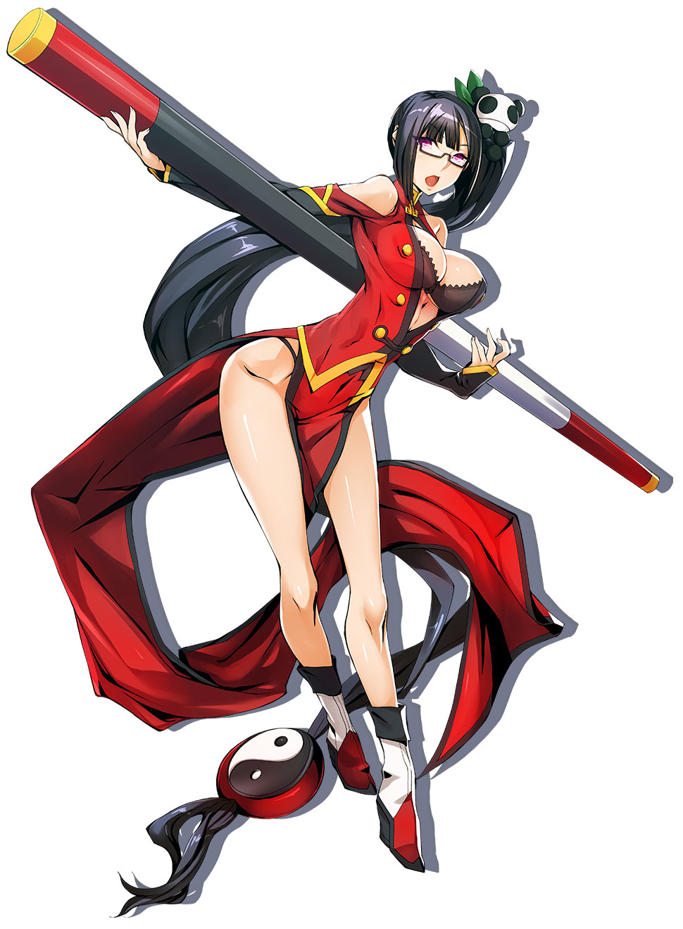 :o absurdly_long_hair bare_legs black-framed_eyewear black_hair blazblue blazblue:_central_fiction breasts dress full_body glasses highres katou_yuuki lao_jiu large_breasts litchi_faye_ling long_hair looking_at_viewer low-tied_long_hair official_art panda pink_eyes red_dress semi-rimless_eyewear shadow shoes side_ponytail side_slit solo staff standing very_long_hair white_background yin_yang