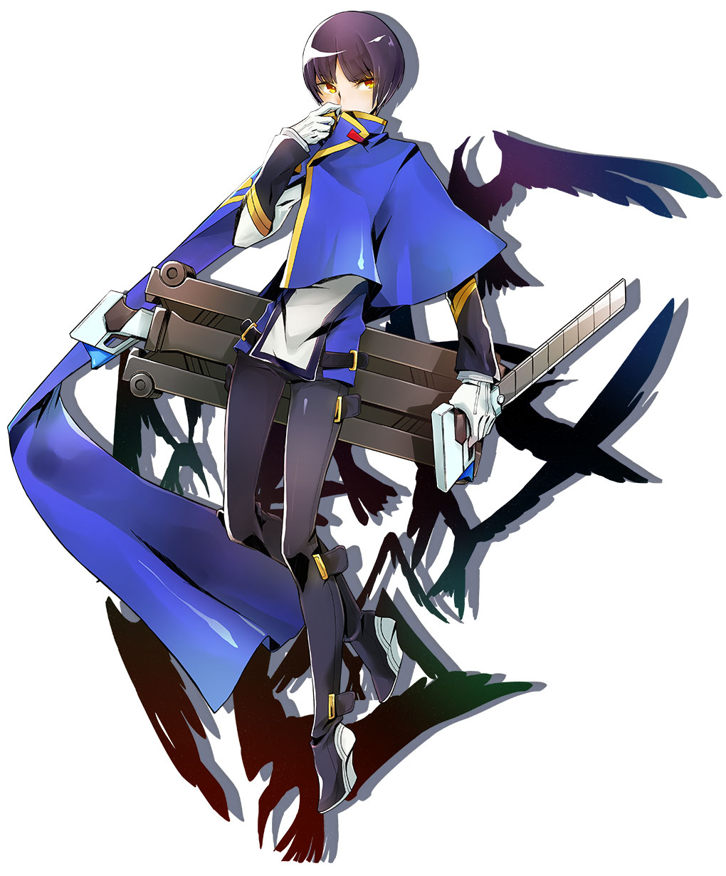 bird black_footwear black_hair black_legwear blazblue blazblue:_central_fiction blue_capelet boots capelet full_body gloves hibiki_kohaku highres katou_yuuki looking_at_viewer male_focus official_art shadow shirt solo standing white_background white_gloves yellow_eyes