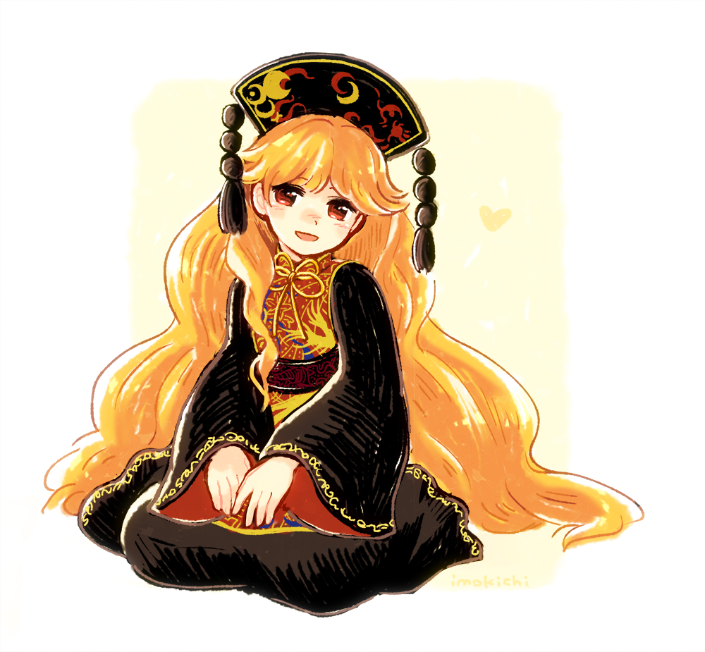 black_dress blush chinese_clothes crescent dress hat heart imokichi junko_(touhou) long_hair long_sleeves looking_at_viewer orange_hair red_eyes sash seiza simple_background sitting smile solo tabard touhou very_long_hair wavy_hair white_background wide_sleeves