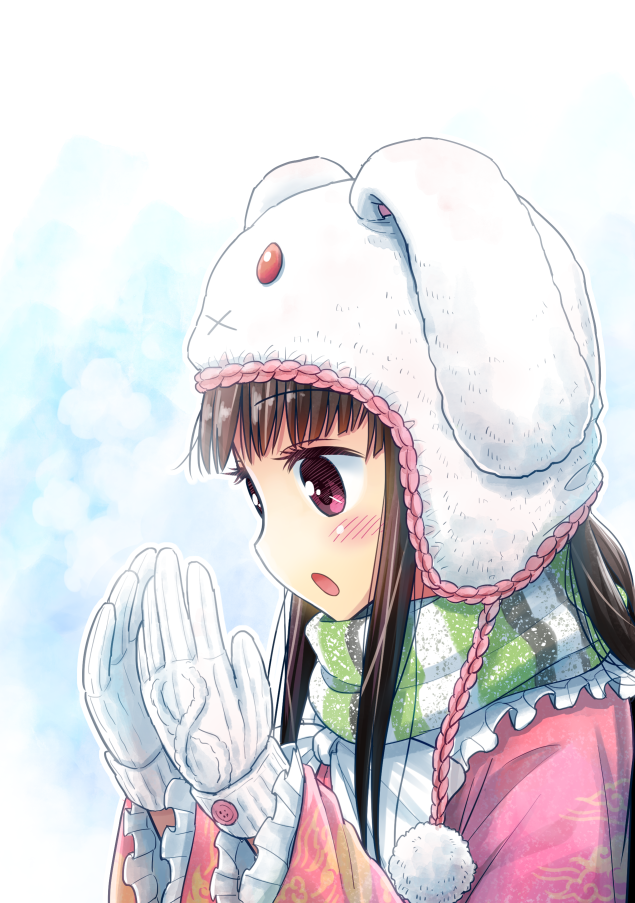 animal_hat blush breath brown_hair bunny_hat cloud_print frilled_shirt_collar frilled_sleeves frills from_side gloves hands_up hat houraisan_kaguya long_sleeves looking_down morioka_itari pink_eyes pink_shirt scarf shirt solo striped striped_scarf touhou white_gloves