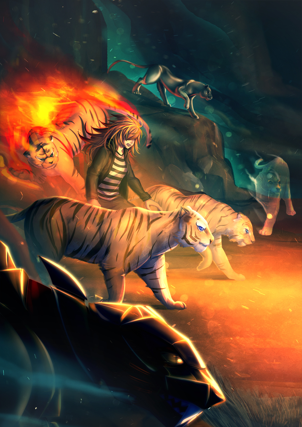 bakki bared_teeth black_stripes blue_eyes brown_hair clothed clothing cougar detailed_background feline fire fur group hair hair_covering_eyes human mammal standing striped_fur stripes teeth tiger yellow_eyes