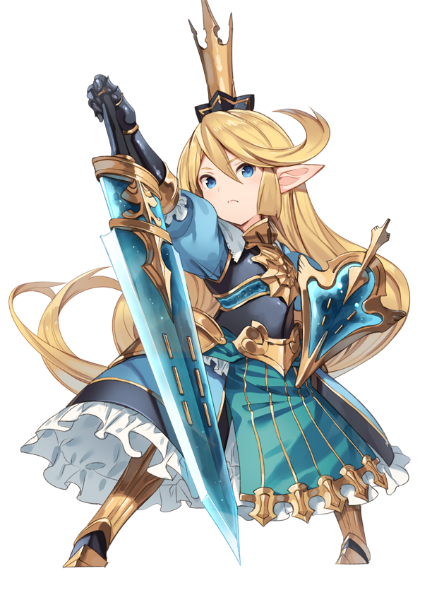 armor armored_boots armored_dress bangs banned_artist blonde_hair blue_eyes blush boots breastplate charlotta_fenia crown dress eyebrows eyebrows_visible_through_hair frilled_dress frills frown full_body gauntlets granblue_fantasy hair_between_eyes harvin long_hair paseri planted_sword planted_weapon pointy_ears puffy_short_sleeves puffy_sleeves shield short_sleeves simple_background solo standing sword weapon white_background