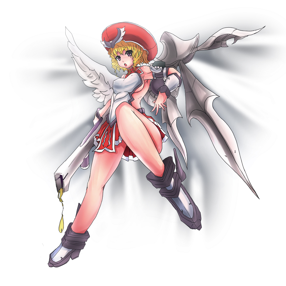 1girl angel artificial_wings bare_legs blonde_hair boots female hat highres laila_(queen's_blade) long_hair looking_at_viewer mechanical_wings miniskirt purple_eyes queen's_blade queen's_blade_rebellion skirt solo thong weapon wings