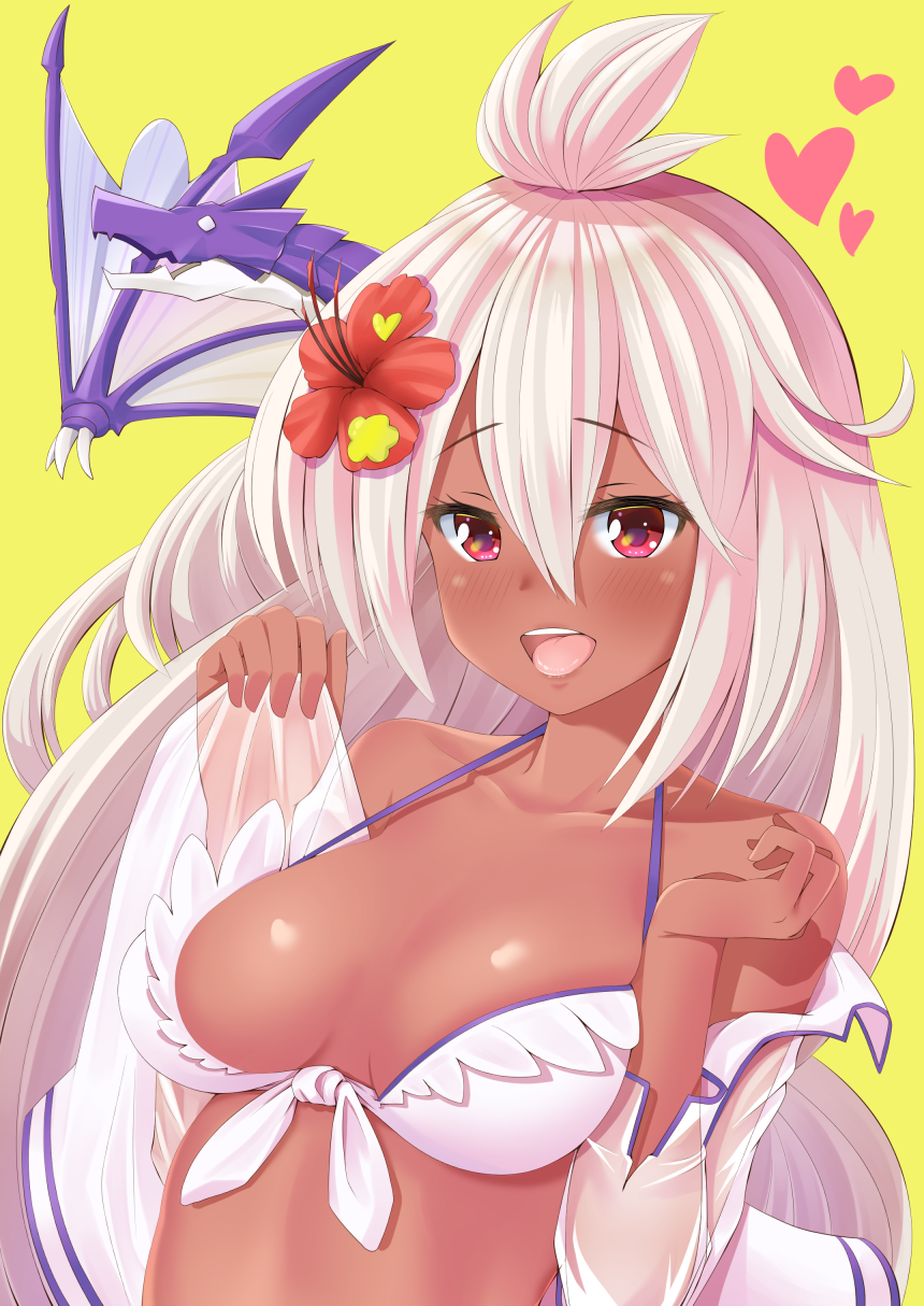 :d ahoge bangs bikini blush breasts cleavage collarbone dark_skin dragon flower front-tie_bikini front-tie_top granblue_fantasy hair_between_eyes hair_flower hair_ornament heart hibiscus highres lein long_hair long_sleeves looking_at_viewer medium_breasts midriff nose_blush open_clothes open_mouth open_shirt pink_eyes shirt simple_background smile solo swimsuit teeth upper_body white_bikini white_hair white_shirt yellow_background zooey_(granblue_fantasy)