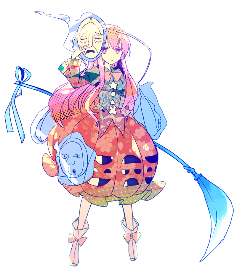 blue_shirt bow bowtie bubble_skirt face_cutout floral_print full_body hata_no_kokoro holding holding_mask long_hair long_sleeves mask naginata nr_(cmnrr) pink_bow pink_hair pink_neckwear pink_skirt polearm shirt shoe_bow shoes skirt solo thighs touhou transparent_background unmoving_pattern weapon white_footwear