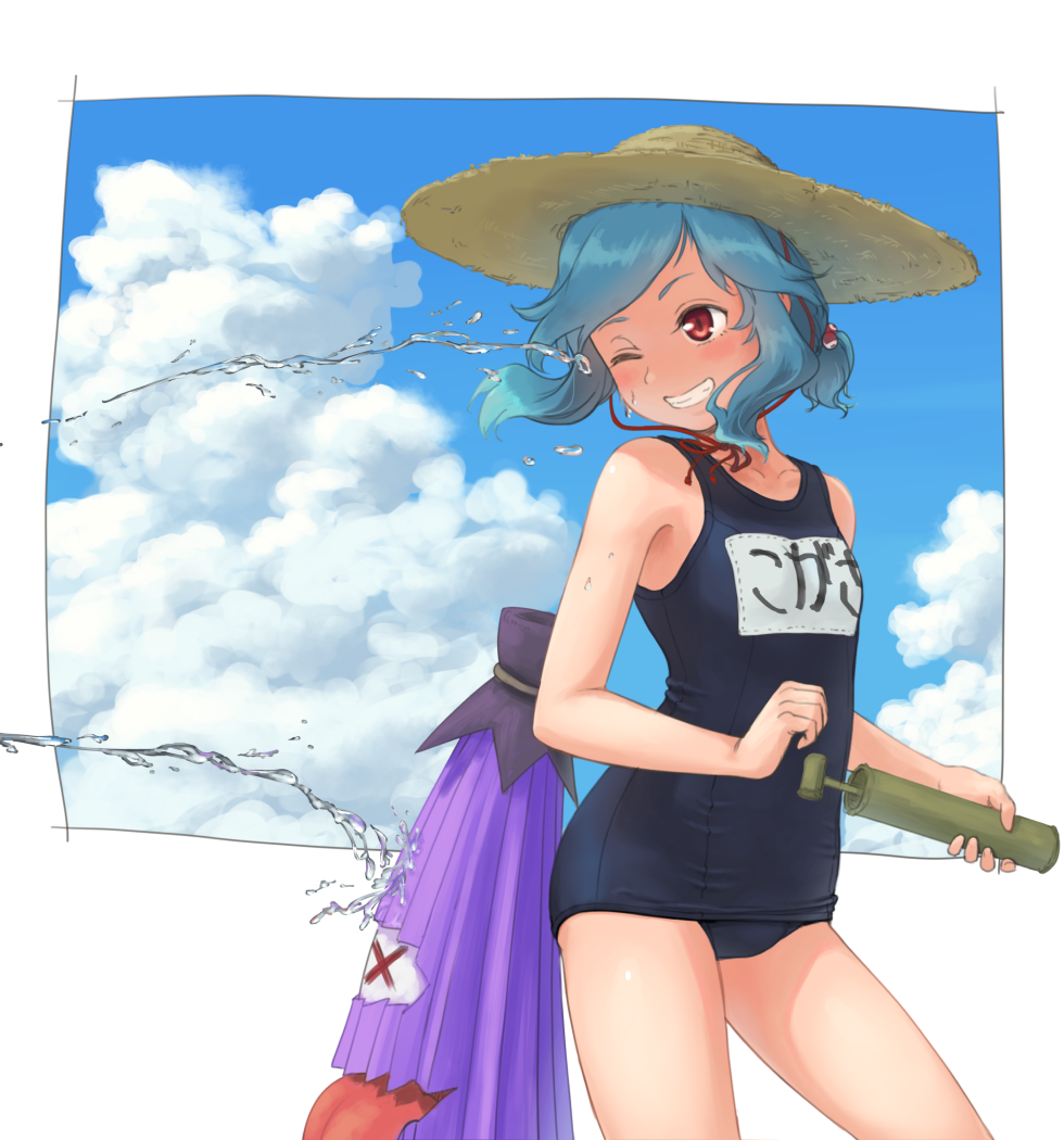 alternate_costume alternate_hairstyle blue_hair blue_sky blush chin_strap closed_umbrella cloud collarbone cowboy_shot day flat_chest grin hat hips karakasa_obake kitano_(kitanosnowwhite) looking_to_the_side one-piece_swimsuit one_eye_closed red_eyes shiny shiny_hair shiny_skin short_hair short_ponytail sidelocks signature sky smile solo squirting straw_hat swimsuit tatara_kogasa thighs tongue touhou umbrella water x)