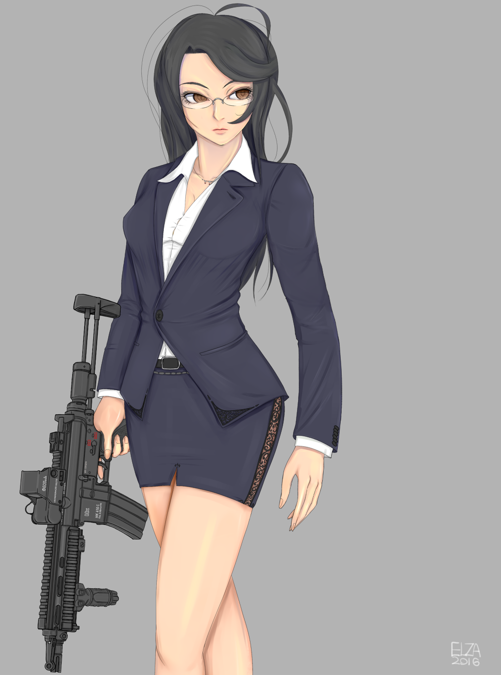 2016 artist_name assault_rifle bangs belt black_hair blue_jacket blue_skirt breasts brown_eyes cleavage closed_mouth collared_shirt expressionless formal g-e-n glasses grey_background gun heckler_&amp;_koch highres hk416 jacket jewelry lace lace-trimmed_skirt lips long_hair looking_to_the_side medium_breasts miniskirt necklace office_lady open_collar original rifle shirt side_slit simple_background skirt solo suit taut_clothes taut_shirt thighs weapon white_shirt