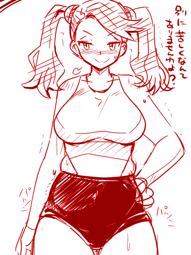 bangs belly blush breasts buruma commentary_request gundam gundam_build_fighters gundam_build_fighters_try hair_ornament hand_on_hip large_breasts long_hair love_handles monochrome muffin_top plump sako_(bosscoffee) sazaki_kaoruko sketch solo swimsuit swimsuit_under_clothes thick_thighs thighs translated twintails undersized_clothes underwear weight_conscious wet white_background