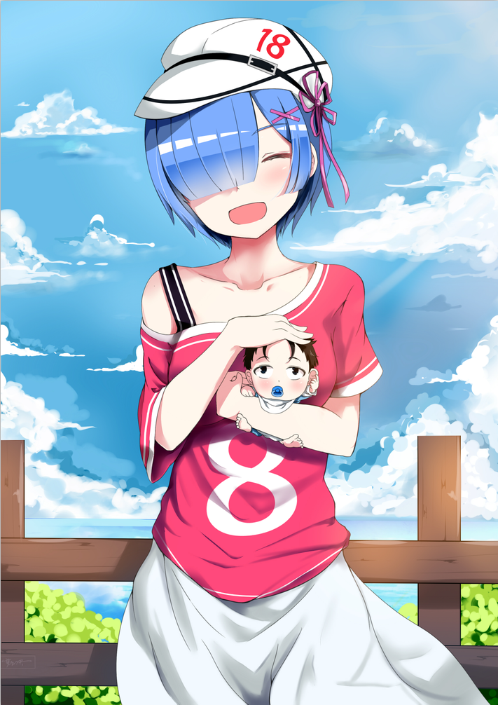 1girl 8 :d ^_^ alternate_costume baby barefoot black_hair blue_hair blue_sky breasts closed_eyes cloud collarbone contemporary day fence hair_ornament hair_over_one_eye hat long_skirt looking_at_viewer looking_up medium_breasts menghuan_tian natsuki_subaru number off_shoulder open_mouth pacifier pink_ribbon plant re:zero_kara_hajimeru_isekai_seikatsu rem_(re:zero) ribbon short_hair short_sleeves skirt sky smile white_hat white_skirt wooden_fence x_hair_ornament younger