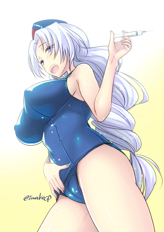 :d alternate_costume bad_id bad_pixiv_id bare_shoulders blue_eyes braid breasts commentary_request covered_nipples cowboy_shot from_below hat large_breasts long_hair nurse_cap one-piece_swimsuit open_mouth school_swimsuit shigemiya_kyouhei shiny shiny_clothes sideboob silver_hair single_braid smile solo swimsuit syringe touhou twitter_username very_long_hair yagokoro_eirin