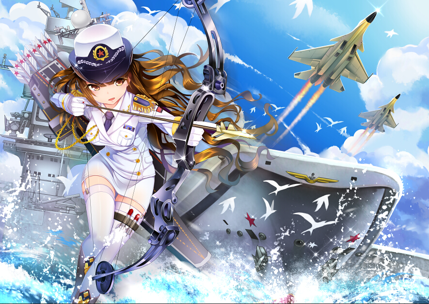 aiming aircraft aircraft_carrier airplane arrow bird bow bow_(weapon) brown_eyes brown_hair cloud day dutch_angle epaulettes fighter_jet fourragere fusai hat jet kantai_collection looking_to_the_side military military_uniform military_vehicle miniskirt original parted_lips quiver ship skirt sky solo thighhighs uniform warship water watercraft weapon white_legwear