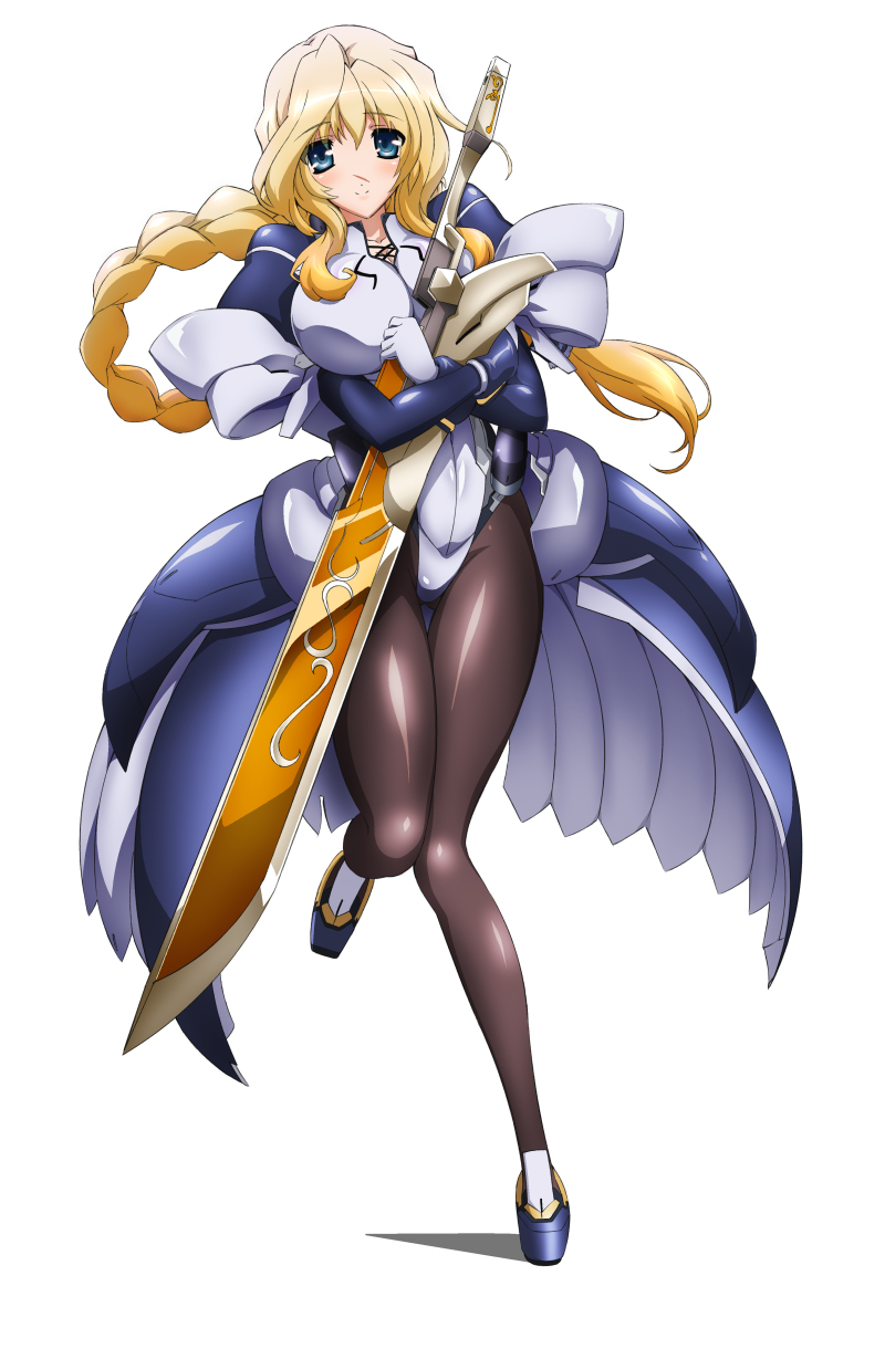 artist_request blonde_hair blue_eyes blush bodysuit breasts gloves highres juliet_sleeves kyoukaisenjou_no_horizon large_breasts legs leotard long_hair long_sleeves looking_at_viewer mary_stuart official_art pantyhose puffy_sleeves scar simple_background smile solo sword weapon white_gloves