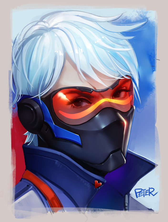 artist_name bangs covered_mouth eyelashes face face_mask genderswap genderswap_(mtf) head_tilt jacket long_hair mask overwatch peter_xiao portrait scar scar_across_eye short_hair soldier:_76_(overwatch) solo visor white_hair