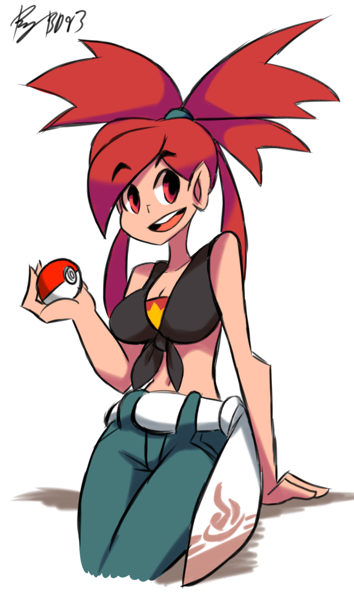 1girl asuna_(pokemon) bigdead93 breasts female gym_leader nintendo poke_ball pokemon pokemon_oras red_hair smile
