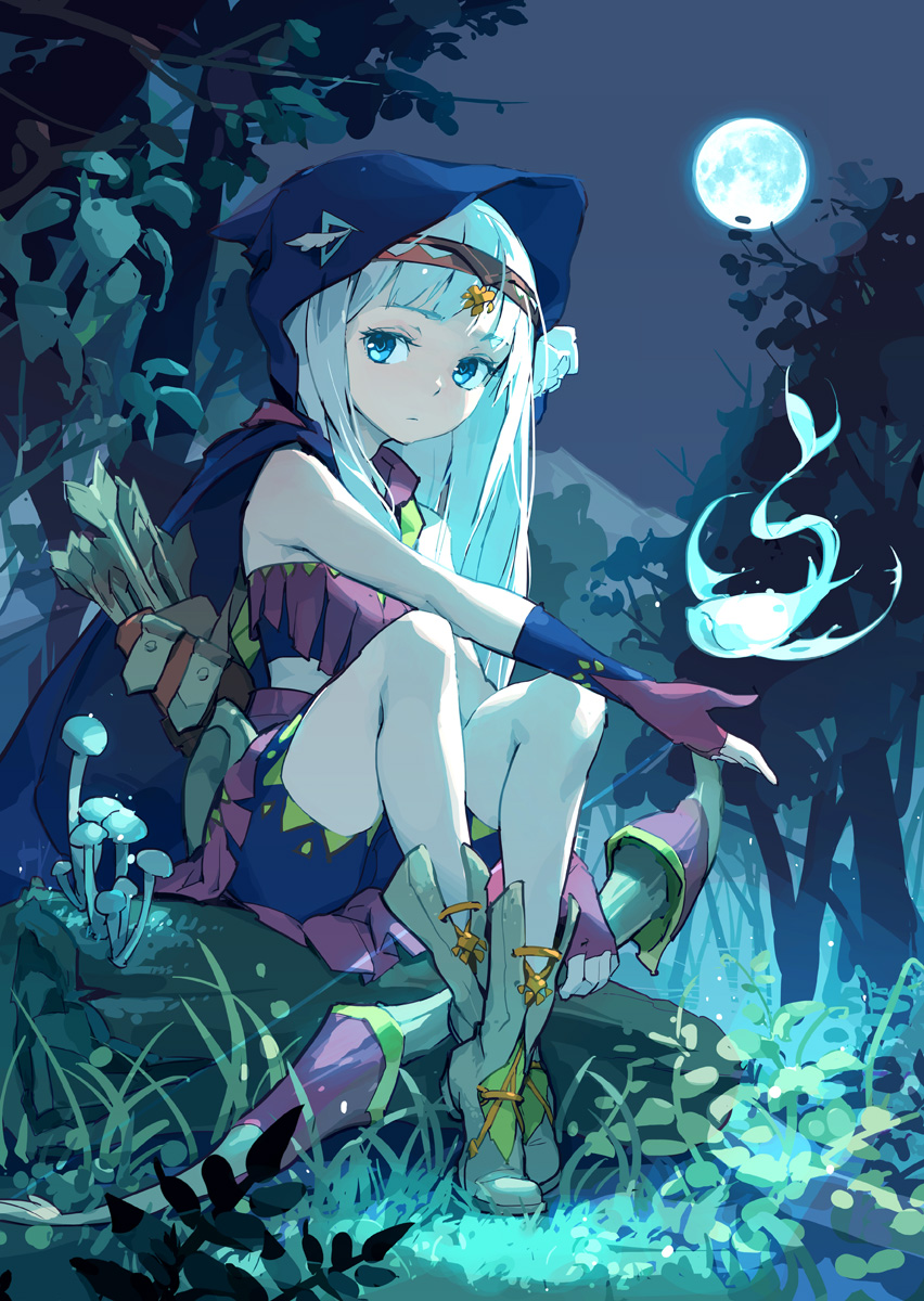 arrow bangs bare_shoulders blue_eyes blunt_bangs boots bow_(weapon) circlet cloak fingerless_gloves flower full_moon gloves hair_flower hair_ornament highres holding holding_weapon hood hooded_cloak kuuki_shoujo long_hair moon night night_sky outdoors personification quiver shorts sitting sky solo strapless tennohi the_personification_of_atmosphere tree tubetop weapon