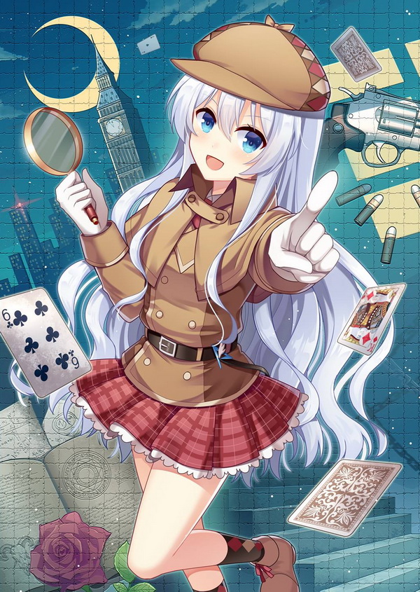 :d blue_eyes blush book card crescent_moon deerstalker detective elizabeth_tower gloves gun handgun hat hitsuki_rei kuuki_shoujo long_hair looking_at_viewer magnifying_glass moon open_mouth personification playing_card revolver silver_hair skirt smile solo the_personification_of_atmosphere trench_coat weapon white_gloves
