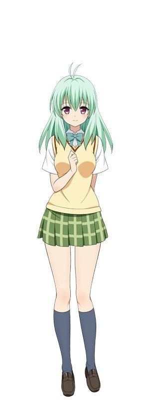 1girl absurdres antenna_hair green_hair highres kneehighs loafers purple_eyes run_elsie_jewelria school_uniform shoes skirt solo standing_on_one_leg sweater_vest to_love-ru to_love-ru_darkness to_love_ru_darkness yabuki_kentarou