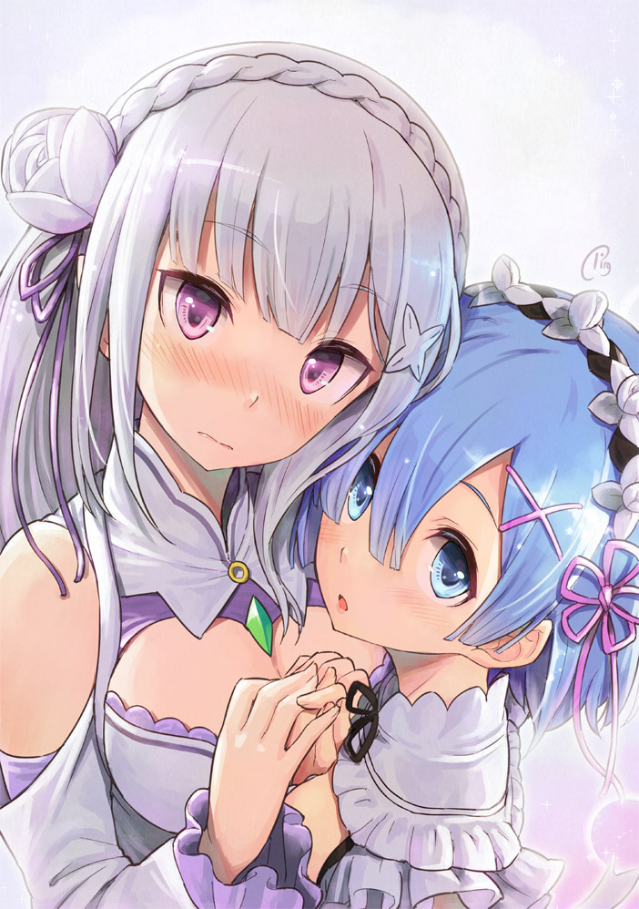 bare_shoulders black_dress blue_eyes blue_hair blush braid breasts cleavage_cutout detached_sleeves dress elf emilia_(re:zero) flower frilled_sleeves frills hair_between_eyes hair_flower hair_ornament hair_over_one_eye holding_hands large_breasts lips long_hair looking_at_viewer maid multiple_girls open_mouth piro_(orip) pointy_ears purple_eyes re:zero_kara_hajimeru_isekai_seikatsu rem_(re:zero) short_hair silver_hair single_braid upper_body