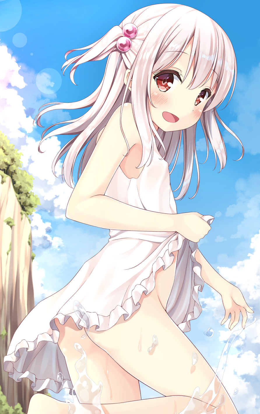 :d ass barefoot blue_sky blush breasts cloud cloudy_sky day dress dress_lift hair_bobbles hair_ornament highres karutamo lens_flare lifted_by_self long_hair looking_at_viewer no_panties open_mouth original outdoors red_eyes sky sleeveless sleeveless_dress small_breasts smile solo splashing summer sundress tisshu_(karutamo) two_side_up water white_dress white_hair