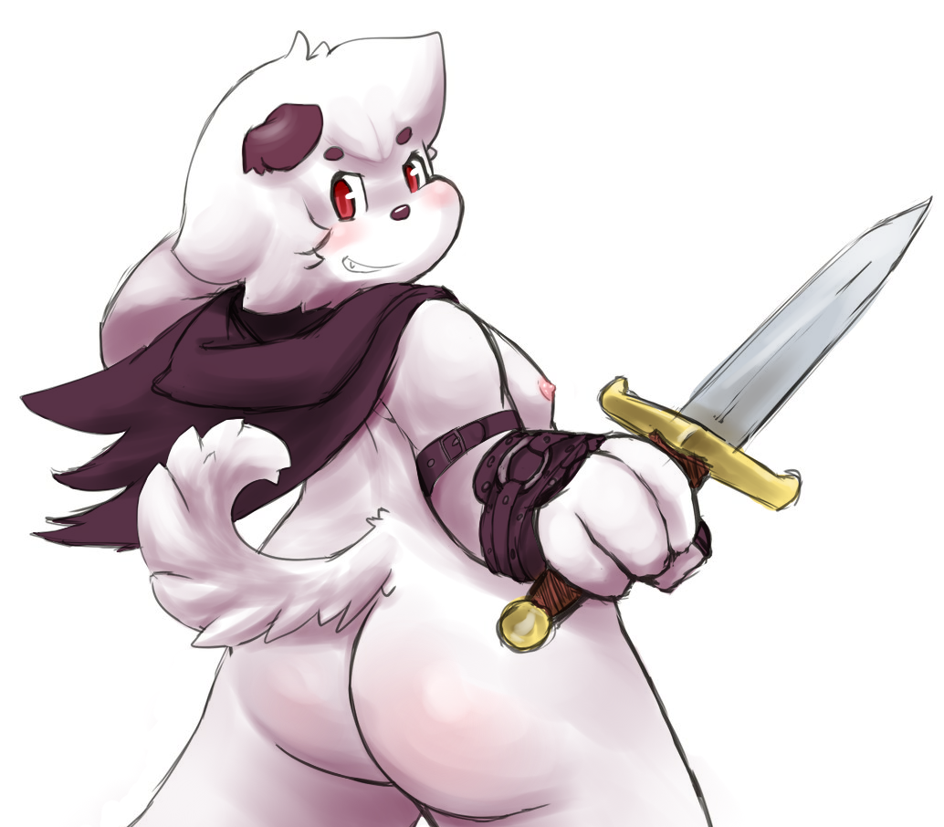 anthro blush butt canine cape clothing cub dog fighting_stance grin holding_object holding_weapon lambent lambent_panpan leather_straps looking-back mammal melee_weapon mostly_nide mostly_nude nipples rear_view red_eyes slightly_chubby sword warrior weapon young
