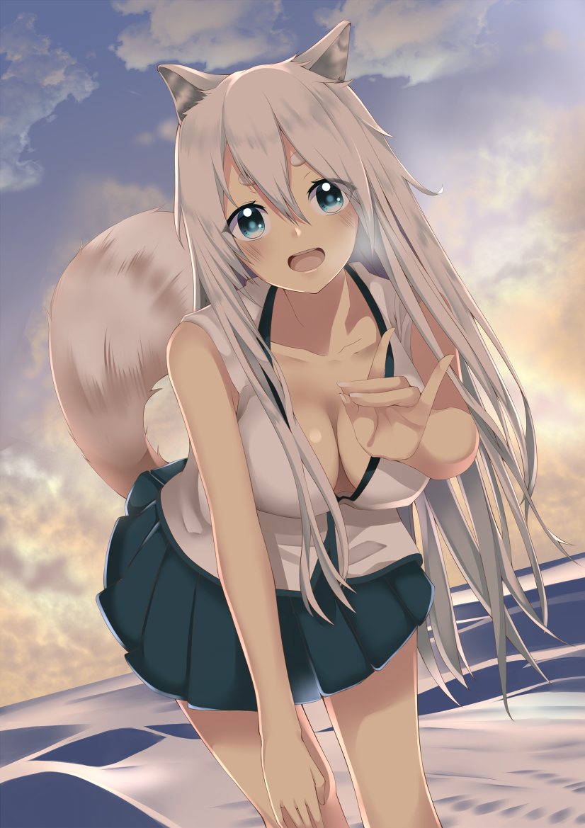 animal_ears bangs blonde_hair blue_eyes blue_sky breasts cleavage cloud commentary_request fox fox_ears fox_tail hair_between_eyes hand_on_own_knee large_breasts leaning_forward long_hair looking_at_viewer ocean open_mouth original outstretched_hand pleated_skirt shirt skirt sky sleeveless sleeveless_shirt smile solo tail takamiya_nao