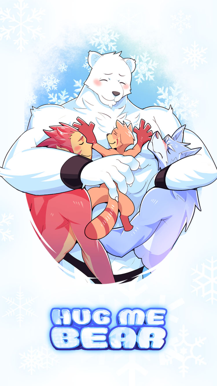 2016 anthro bear blush canine chest_tuft clothed clothing english_text eyes_closed fur fur_tuft grey_fur group hug kurokawasudou male mammal monkey muscular orange_fur pecs polar_bear primate raccoon red_fur smile snowflake text topless tuft underwear white_fur wolf