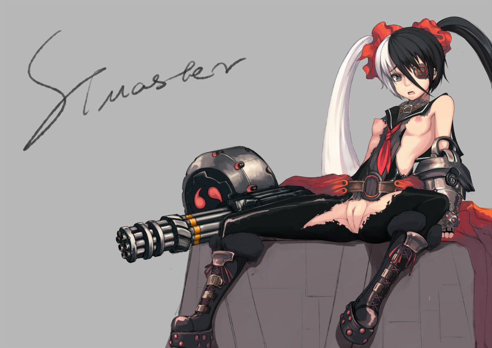 artist_name black_hair blade_&amp;_soul boots breasts eyepatch gatling_gun gun hair_between_eyes hair_ornament long_hair looking_at_viewer multicolored_hair nipples open_mouth pohwaran pussy sitting small_breasts solo spread_legs stmaster torn_clothes twintails two-tone_hair very_long_hair weapon white_hair