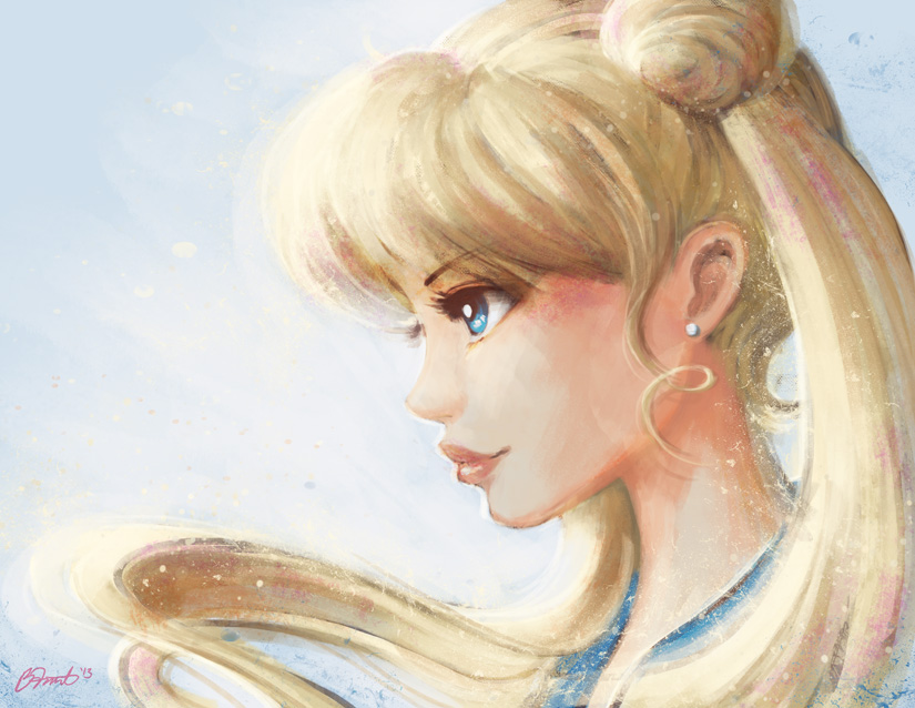 bishoujo_senshi_sailor_moon blonde_hair blue_eyes brittany_fuerst double_bun earrings from_side jewelry lips long_hair portrait profile signature smile solo tsukino_usagi twintails
