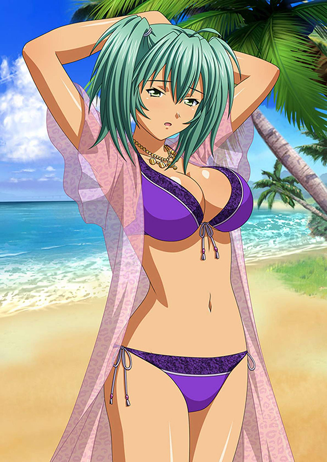 arms_behind_head beach bikini breasts cleavage cloud collar day green_hair ikkitousen jewelry large_breasts navel necklace outdoors palm_tree purple_bikini ryofu_housen see-through shiny shiny_skin short_twintails side-tie_bikini solo swimsuit tree twintails