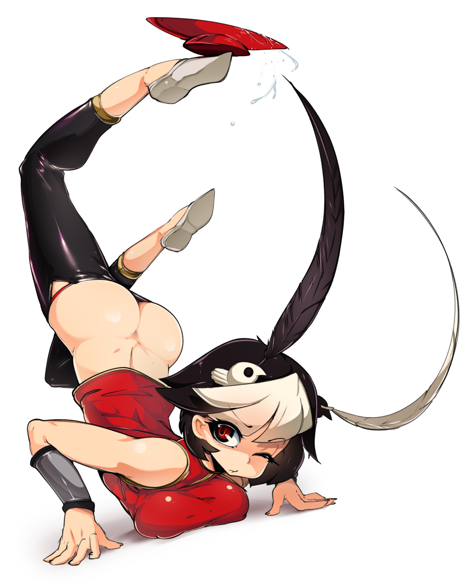 ass balancing black_hair breast_press breasts butt_crack cup feathers feng_(skullgirls) hair_feathers handstand highres large_breasts looking_at_viewer multicolored_hair sakazuki skullgirls slugbox solo two-tone_hair upside-down white_hair