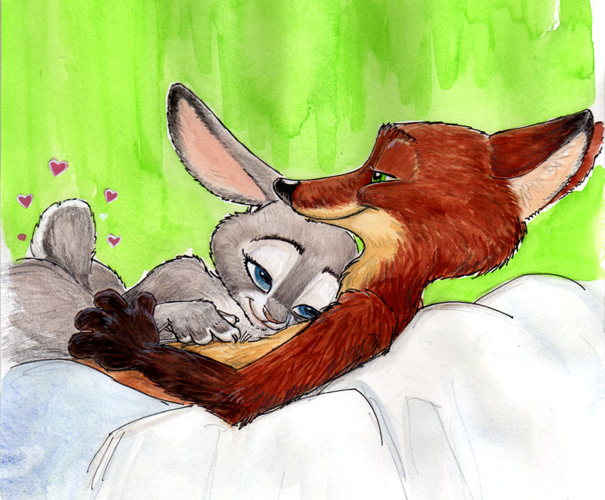 &lt;3 2016 anthro bed blue_eyes canine cuddling disney duo female fox green_eyes judy_hopps lagomorph long_ears love male mammal movie nick_wilde nude pillow pillow_talk pink_nose rabbit scratching simple_background smile steve_gallacci zootopia