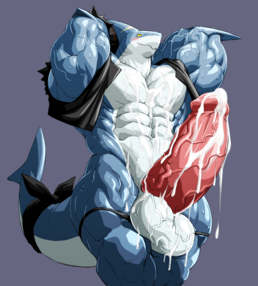 abs anthro balls biceps big_balls blue_skin blush clothing cum cum_on_balls cum_on_body cum_on_chest cum_on_penis cum_on_self cum_on_stomach fin fish flexing glans huge_muscles hyper hyper_penis kuroma liquid looking_at_viewer male marine mostly_nude muscular pecs penis pose post_orgasm quads scar shark simple_background sixpack smile solo speedo sweat swimsuit thick_tail triceps vest white_skin yellow_eyes zanga