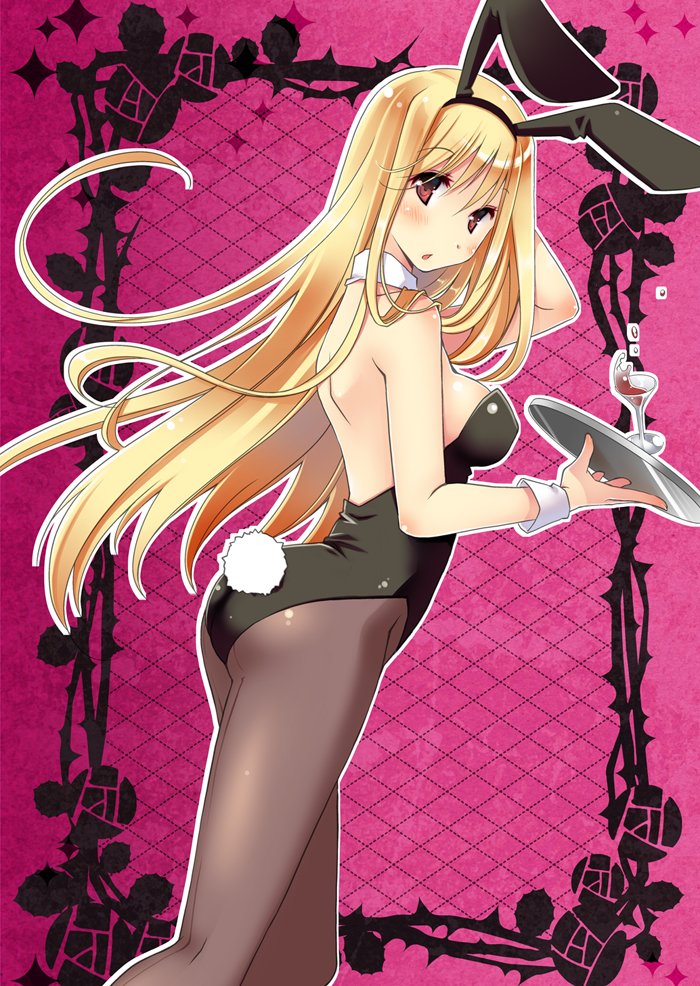 animal_ears backless_outfit bangs bare_shoulders blonde_hair blush breasts brown_eyes bunny_day bunny_ears bunny_girl bunny_tail bunnysuit commentary_request cup detached_collar drinking_glass droplet fake_animal_ears hairband holding holding_tray leotard long_hair looking_at_viewer looking_back medium_breasts open_mouth original pantyhose sideboob solo tail theta_(ponkotsu_works) tray very_long_hair wine_glass wrist_cuffs