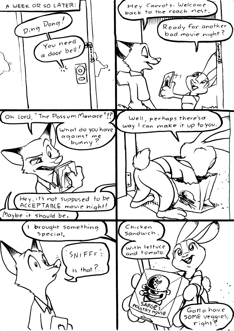 anthro buckteeth canine comic dialogue disney door duo dvd ears_back english_text eric_schwartz female food fox frown grin half-closed_eyes judy_hopps lagomorph male mammal monochrome nick_wilde open_mouth rabbit sandwich_(disambiguation) simple_background smile sniffing sound_effects speech_bubble teeth text white_background zootopia